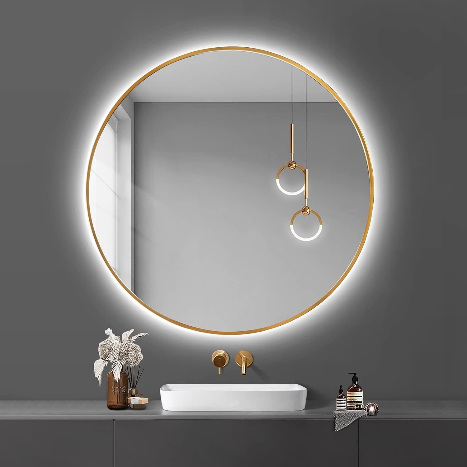 Ver imagem 5 de Espelho Redondo com Moldura Dourada Iluminado com Led Frio 80cm