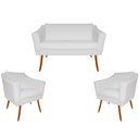 Ver imagem 1 de Kit Namoradeira + 2 Poltronas Decorativa Agatha Couro Branco Pés Madeira Mz Decor