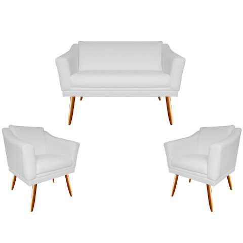 Kit Namoradeira + 2 Poltronas Decorativa Agatha Couro Branco Pés Madeira Mz Decor