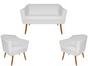 Ver imagem 1 de Kit Namoradeira + 2 Poltronas Decorativa Agatha Couro Branco Pés Madeira Mz Decor