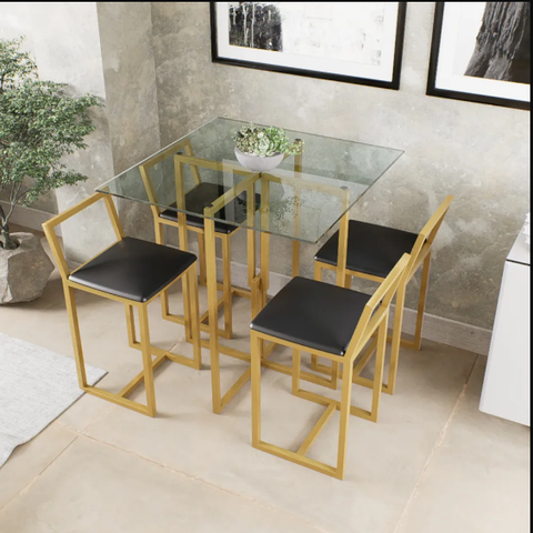 Conjunto Mesa Vidro 4 Cadeiras Pequena Estofado Industrial Dourado Don Castro Decor