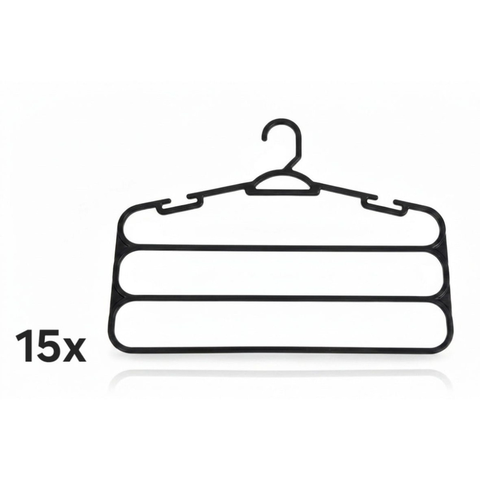 Kit 15 Cabides Pretos para Calças 3 Divisórias Reforçado - Organizador de Roupas Antideslizante