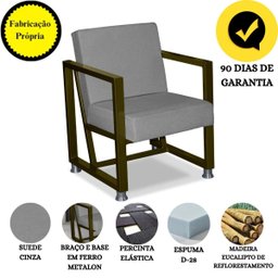 Poltrona Decorativa Base de Ferro Cor Ouro Velho Suede Sarah:Cinza - 4