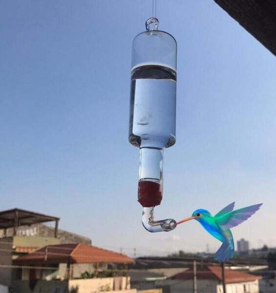 Bebedouro de Vidro Pequeno com Bico de Vidro para Beija Flor e Pássaros Ar Livre