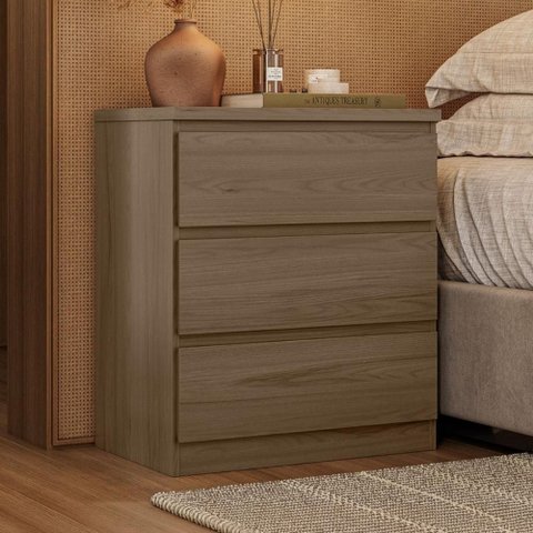 Mesa Cabeceira 3 Gavetas Puxador Cava 60,5 cm 100% MDF Cor:Nogal