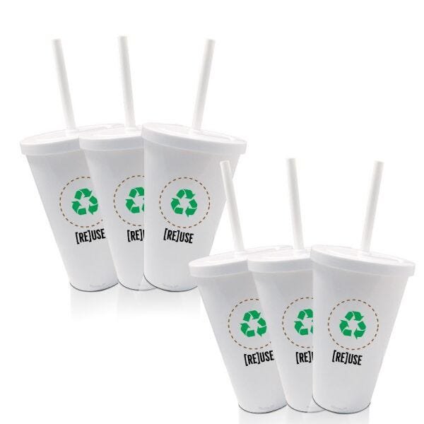 6 Copos Com Tampa e Canudo Branco Reuse um copo - 2