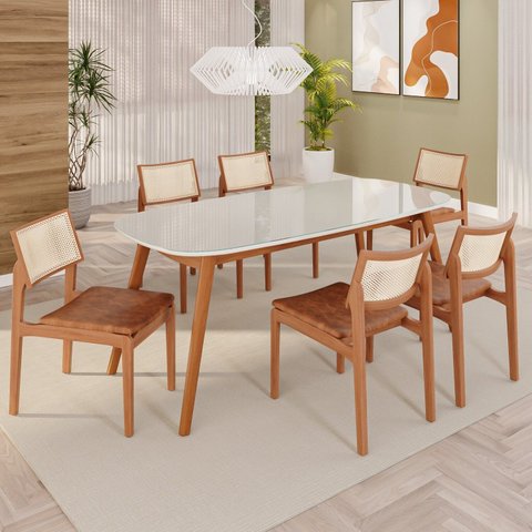 Sala de Jantar Mesa 180x76cm Tampo em MDF com Vidro 6 Cadeiras em Linho Ceci Yescasa Marrom/Marromis