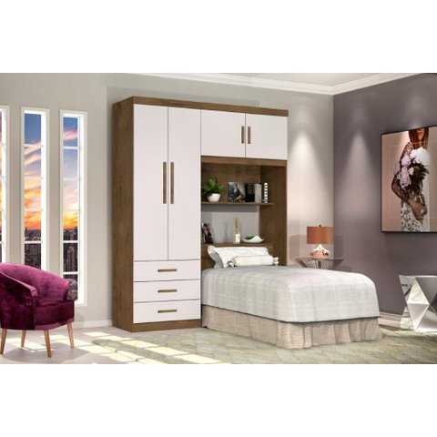 Roupeiro / Cabeceira Baú Can Solteiro Espaço Amplo 4 Portas e 3 Gavetas Nichos Externos para Objetos