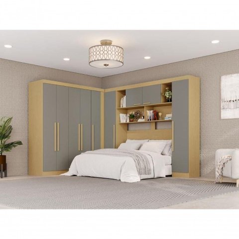 Guarda Roupa Casal Modulado de Canto 9 Portas de Bater 2 Gavetas MDP Madeirado-Cinza Multimóveis