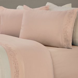 Jogo de Cama Casal Liso com Bordado 4 Peças - Peach - Bella Notte