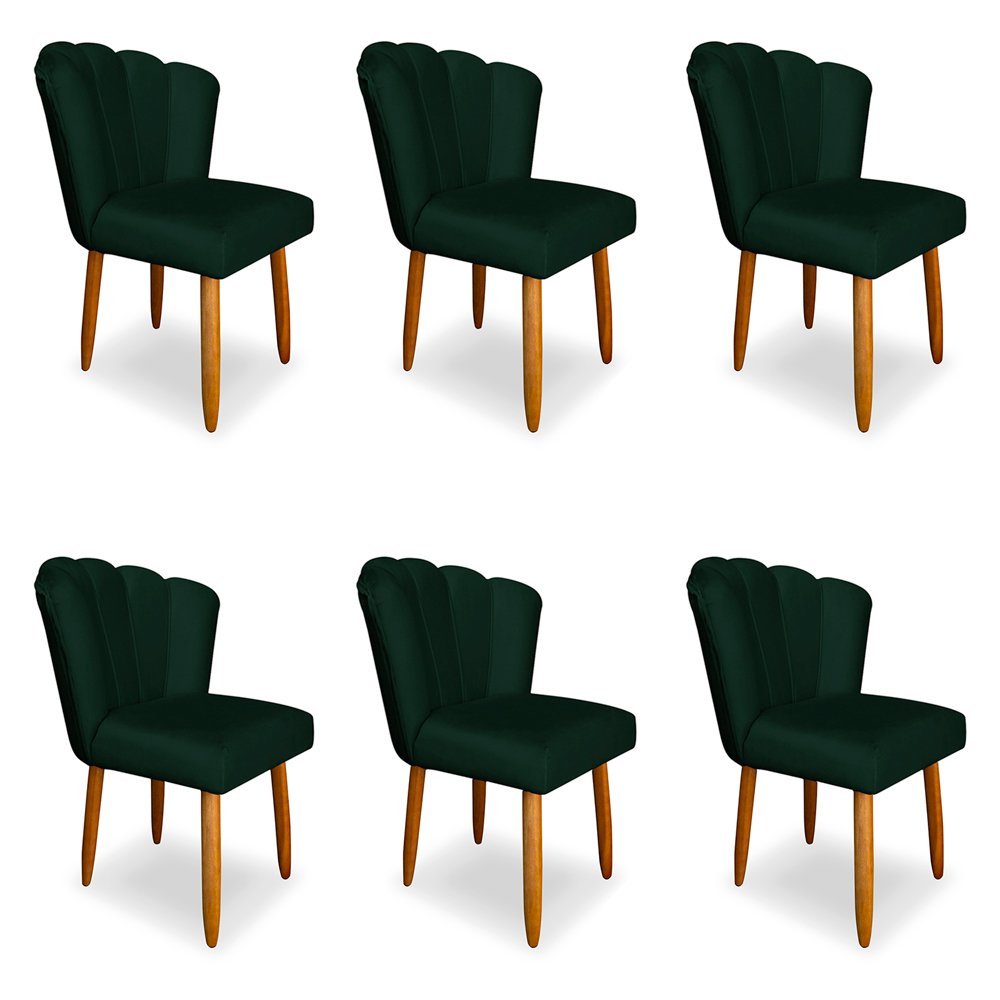 Kit 6 Cadeiras de Jantar Pétala Estofada Pés Palito Veludo Verde - Montanaris Decor