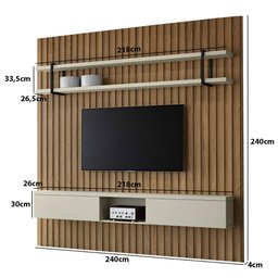 Painel Ripado para Tv com Prateleira e Nicho 240cm 100% Mdf Cor:louro e Luna com Preto - 3