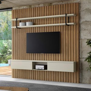 Painel Ripado para Tv com Prateleira e Nicho 240cm 100% Mdf Cor:louro e Luna com Preto
