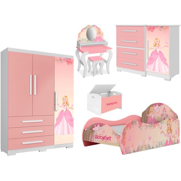 Jogo De Quarto Infantil Menina Com Cama, Guarda-Roupa, Penteadeira, Cômoda e Baú Princesa Rosa - 1