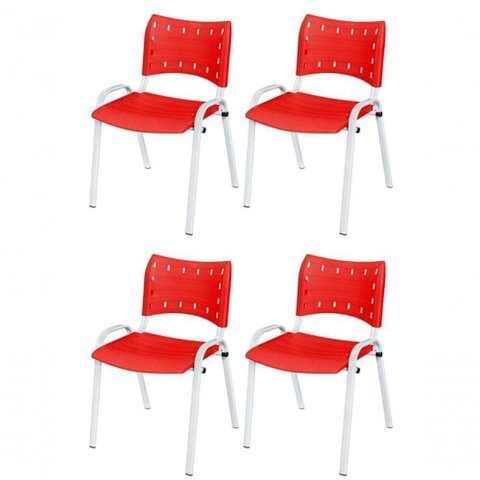 Cadeira Iso Base Branco Escola, Escritório Vermelho Kit 4 Un