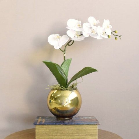 Arranjo Artificial de Orquídea de Silicone Branca no Vaso Dourado Pequeno