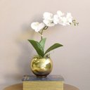 Ver imagem 1 de Arranjo Artificial de Orquídea de Silicone Branca no Vaso Dourado Pequeno