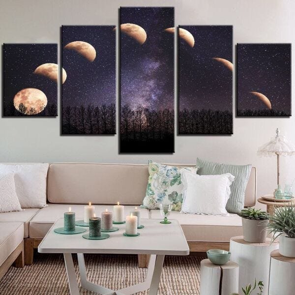 quadros fases da lua espaço céu estrelado 5 peças decorativo - 1