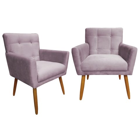 Kit 2 Poltronas Decorativa Onix Suede Rosê Pés Madeira Ms Decor