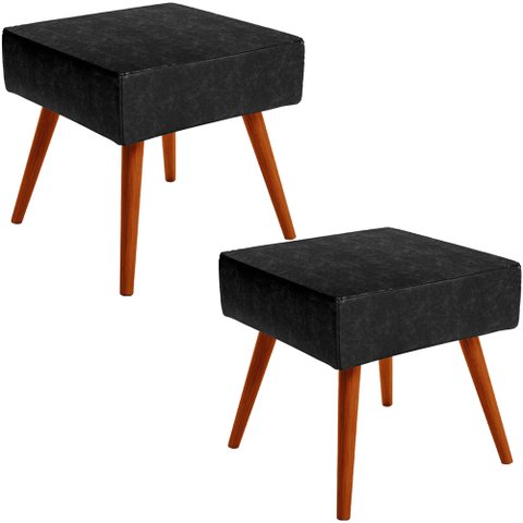 Kit 02 Puffs Banqueta Decorativa Com Pés Palito Lívia W01 Couríssimo Preto Brilho - Lyam Decor