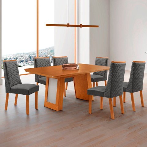 Mesa de Jantar Carolina 180cm Tampo MDF Base Detalhe Off Laminado Canto Copo com 6 Cadeiras Carolina