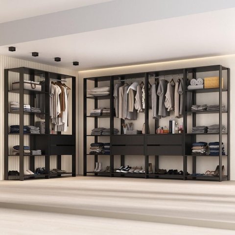 Closet Aberto Modulado Arara Organizadora com Cabideiro 405cm Allegra Multimóveis Mp4391 Preto