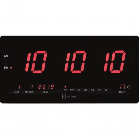 Relógio de Parede Digital de Led Vermelho 47 Cm X 23 Cm Herweg 6464 Preto