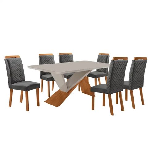 Mesa de Jantar Yasmin 180cm Tampo MDF Vidro Canto Copo com 6 Cadeiras Lorena