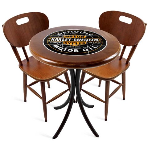 Conjunto Mesa Madeira Azulejo 60cm - Bistrô Fixa 78cm + 2 Cadeiras 43 - Natural - Harley Davidson Genuine