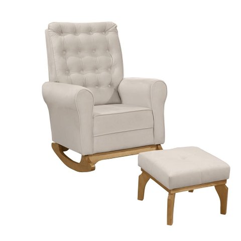 Poltrona Amamentação Balanço Capitone com Puff Verona Veludo Off - Mirra Decor