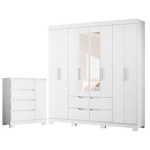 Guarda Roupa Casal Doble 08 Portas com Espelho e Cômoda Sapateira Olimpia Branco Flex- Móveis Albatr