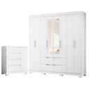 Ver imagem 1 de Guarda Roupa Casal Doble 08 Portas com Espelho e Cômoda Sapateira Olimpia Branco Flex- Móveis Albatr