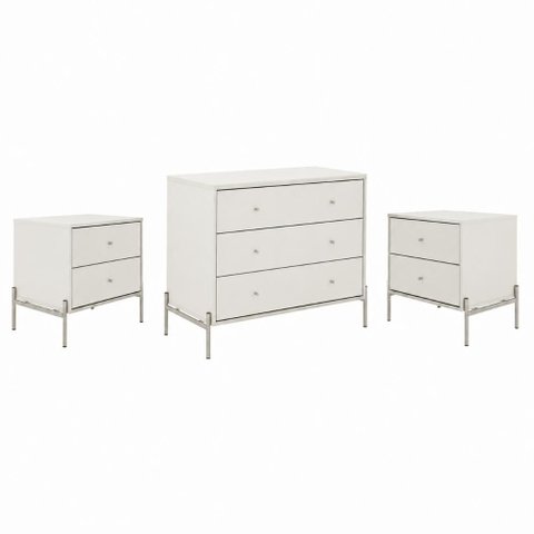 Conjunto Cômoda com 3 Gavetas e 2 Mesas de Cabeceira Jasper - Off White Fosco com Champanhe
