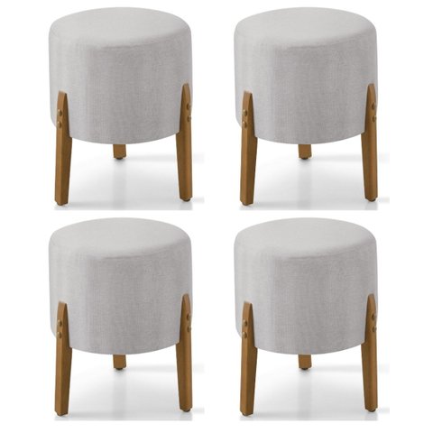 Kit 4 Puff Thor 3 Pés Base em Madeira Maciça - Linho Cru