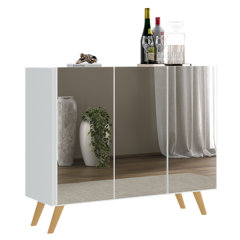 Aparador Buffet 3 Portas com Espelho Retrô Vegas Multimóveis V1013 Branco/Natural