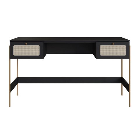 Escrivaninha 2 Gavetas 139cm Palhinha Pé Metal Oslo Artesano | Nero/dourado