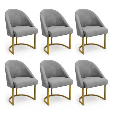 Kit 06 Cadeiras Poltrona de Jantar Lua Suede Cinza Base Ferro Dourado Dal Poz Estofados