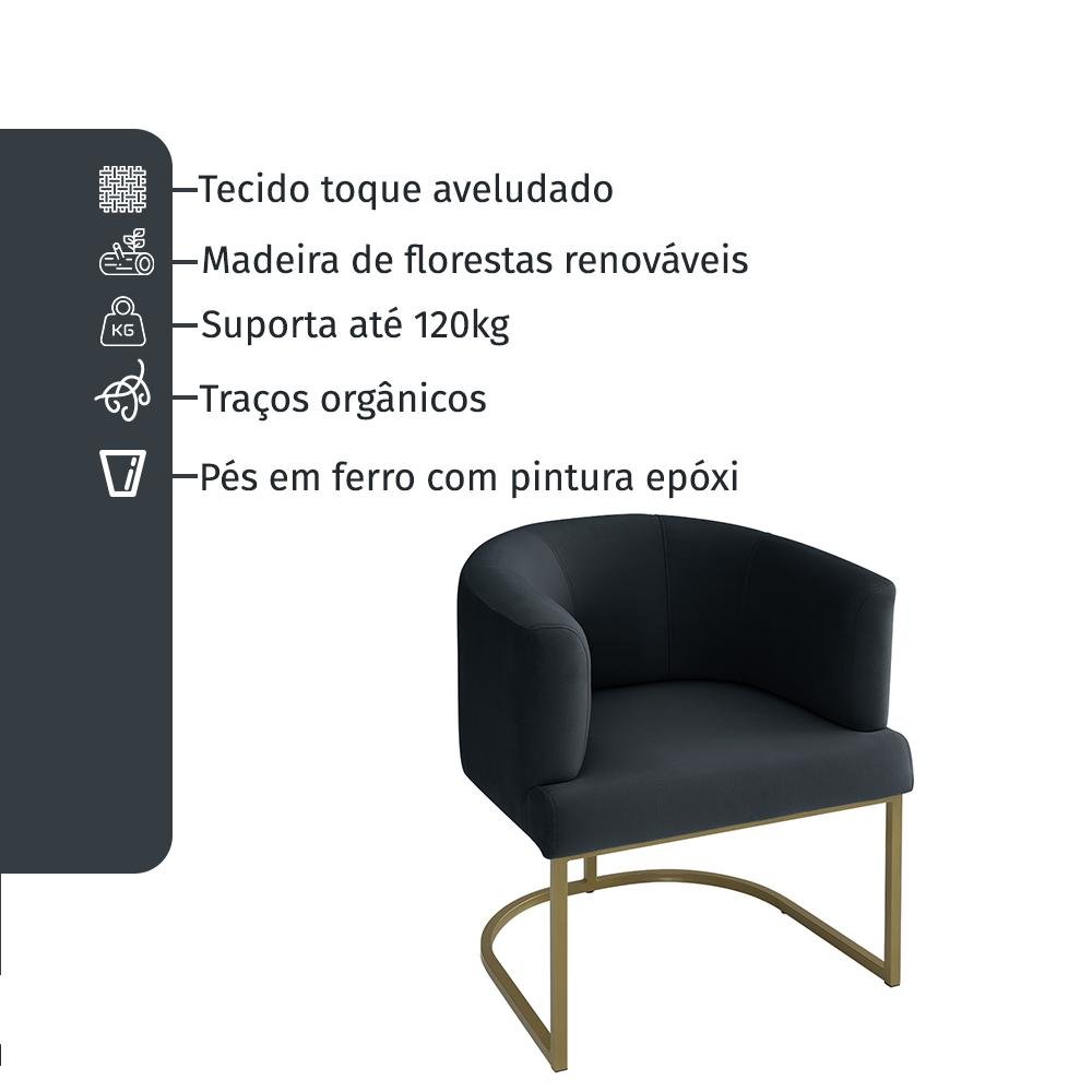 Poltrona Decorativa Arredondada Emi Base de Ferro Dourado em Veludo Preto Estofama - 6