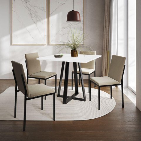 Conjunto de Jantar Mesa Mônaco 90cm Tampo Branco com 4 Cadeiras Estofadas Bege - Cor: Preto