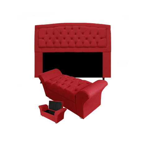 Cabeceira Geovana e Calçadeira Veneza Baú Queen 160cm Suede Vermelho - LM DECOR