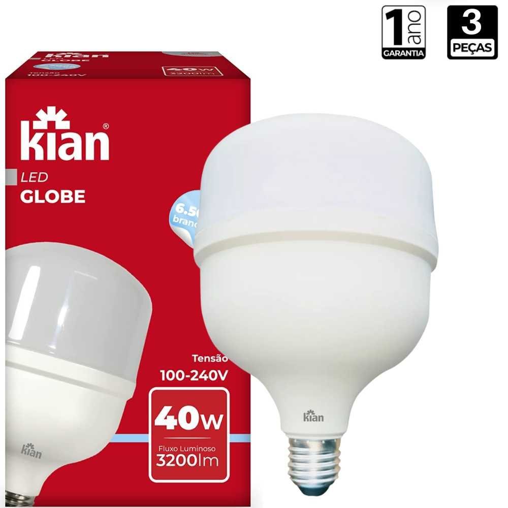 Kit 3 Lâmpada Led Globe/ Bulbo 40W Alta Potência Luz Branca 6.500K Base E27 Bivolt Kian - 3