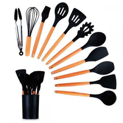 Conjunto Utensílios de Cozinha Silicone Premium 12 Peças Preto