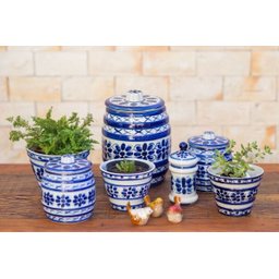 Cachepot Decorativo de Porcelana Azul e Branca Pintado a Mão Médio - 4