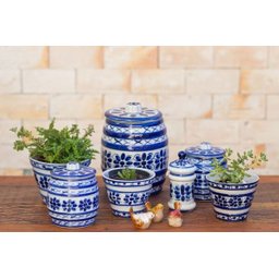 Cachepot Decorativo de Porcelana Azul e Branca Pintado a Mão Médio - 3