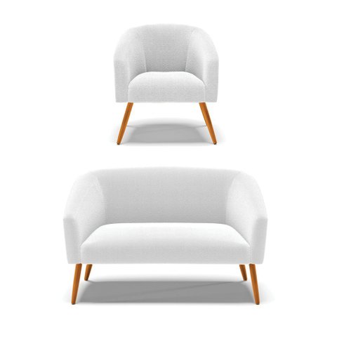 Kit 1 Sofá Namoradeira e 1 Poltrona Stella Bouclê Pés Palito Castanho - D'Rossi Off White