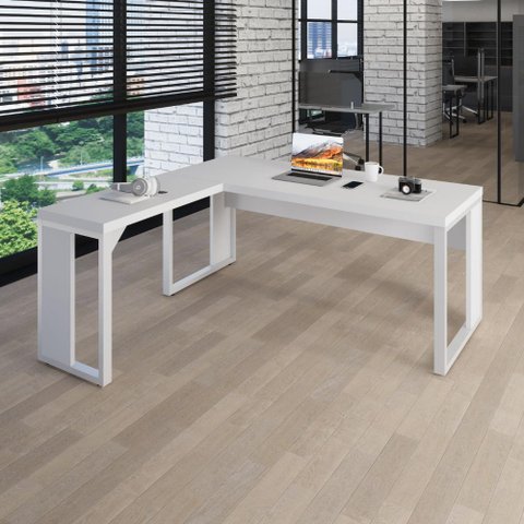 Mesa L Escritório Industrial 1,50m X 0,70m Pés Metal F5 Cor:branco