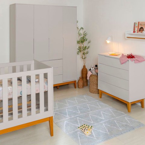 Kit Quarto Infantil com Pés Square Mel - Cômoda Elfe 4 Gavetas + Guarda-Roupa Elfe + Berço Mini Cama