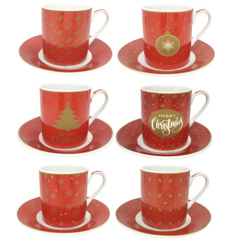 Jogo 6 Xícaras Com Pires Porcelana Fina Decorado Natal Prime