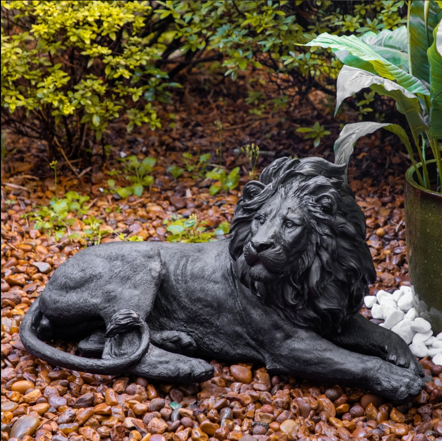 Escultura Decorativa Estátua Leão Deitado Médio:preto Fosco