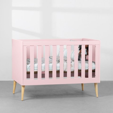 Berço Mini Cama Noah com Pés Retrô Natural - Rosa Abra Casa